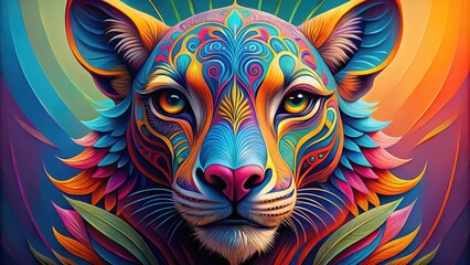  Whimsical digital illustration of a colorful, stylized animal face with bold lines, vibrant hues, and playful textures, perfect for kid-friendly designs and educational materials.