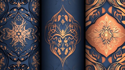 Poster - A seamless pattern of intricate floral designs in gold and blue.