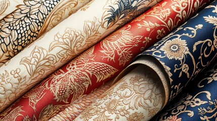 Poster - A close-up of a stack of fabric rolls with intricate floral patterns in gold and black.