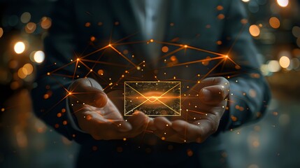 Poster - business professional holding a glowing, digital email icon surrounded by connected network lines, symbolizing modern communication, technology, and global connectivity