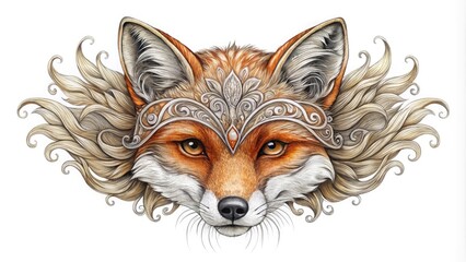 Wall Mural - Whimsical illustration of a fox wearing a Venetian-inspired mask, hand-drawn in intricate sketch style, with elegant lines and subtle texture, on a white background.