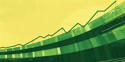 A line graph tracking the progress of a company's profits, set against a green and yellow striped background.