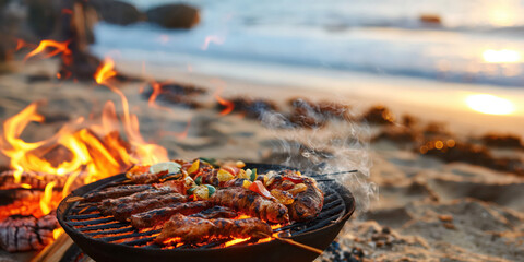 Beachside bbq: grilling delicious skewers with vibrant sunset by the ocean