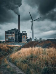 Poster - Old factories loom behind wind turbines, showcasing the shift from coal-based energy to renewable sources in a transforming environment. Generative AI