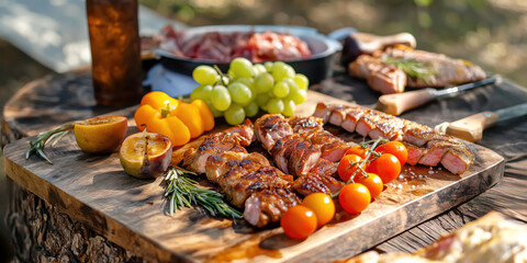 Rustic outdoor bbq spread with grilled meat and fresh fruits on wooden table