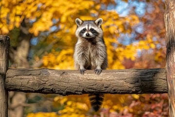 Sticker - Raccoon Sitting on a Branch Against a Background of Autumn Leaves