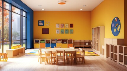 A bright and cheerful classroom with colorful walls and wooden furniture.  A large window looks out onto a lush green lawn.