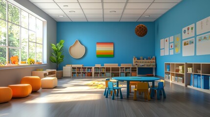 Poster - A colorful and inviting playroom with a blue wall, colorful bookshelves, and a table and chairs for kids.