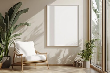 Poster Frame in Beige minimalist living room interior created with generative AI