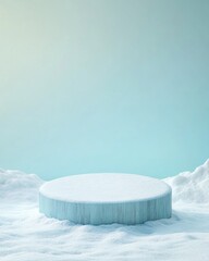 Poster - Minimalist Frosty Blue Wooden Podium on Snow-White Background with Soft Glow Highlight - Serene Winter Scene for Product Showcase