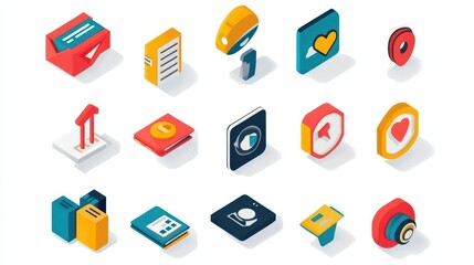 isometric icons for digital marketing colorful flat design on white background