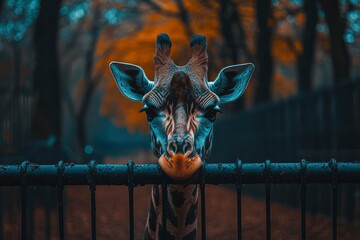 Wall Mural - Close-up of a Giraffe's Head Looking Over a Fence