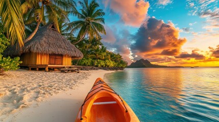 Wall Mural - Kayak boat in tropical beach with coconut tree at sunset