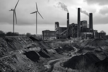 Poster - Wind turbines stand tall beside abandoned coal mines and old factories, showcasing the shift towards sustainable energy solutions. Generative AI