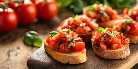 Close-up of tomato bruschetta on a wooden board, toppings visible