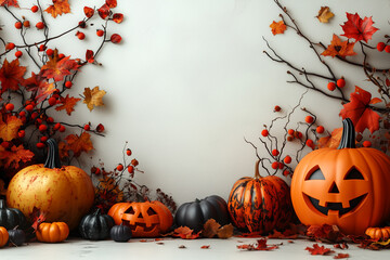  Autumnal Halloween Decorations with jack o lantern pumpkins and red leaves on a white background 