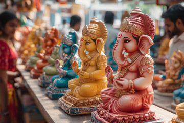 colorful ganesha idols at indian market