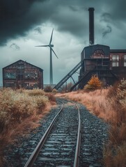 Poster - Rusting factories and abandoned coal mines highlight the landscape as wind turbines signal a transition to renewable energy sources. Generative AI