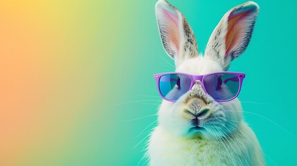 Rabbit sporting cool blue and purple spectacles over a subdued pastel transition background of teal green yellow and orange