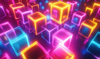 Wall Mural - A vibrant and dynamic background featuring multiple glowing, neon-colored geometric shapes in the shape of cubes or squares arranged to create an abstract design Generative AI