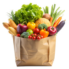 close up of shopping paper bag full with fruit and vegetables isolated on transparent background
