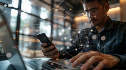 Poster - Man using laptop and smartphone with digital network overlay