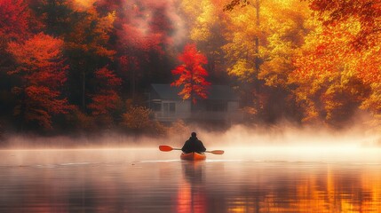 A person kayaking in water with colorful Autumn foliage woods