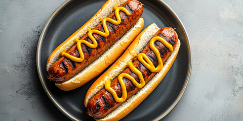 two veggie dogs on a plate with plant-based sausages and mustard garnish