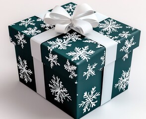 Festive dark teal box with snowflake impressions.