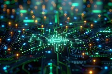 Poster - Futuristic circuit board pattern with glowing green and blue lights creating depth effect, perfect for technology and innovation concepts in digital designs.