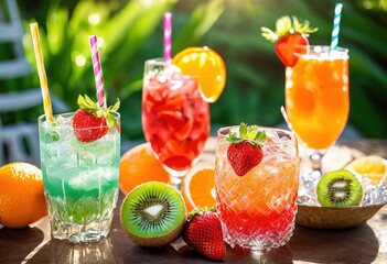 Wall Mural - refreshing cool summer beverages featuring fresh vibrant colors perfect warm weather indulgence, drink, fruit, ice, refreshment, tropical, lemonade