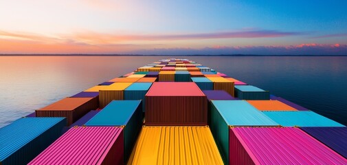 Cargo vessel packed with colorful containers, moving through a waterway, representing the scale and complexity of global trade routes