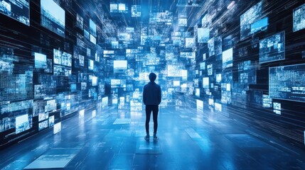 Canvas Print - A lone figure walks through a digital landscape, surrounded by screens that represent the vastness of information and the interconnectedness of the world