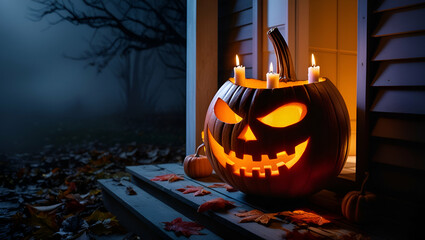 Halloween pumpkin head jack lantern with burning candles