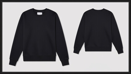 black sweatshirt displayed from both the front and back views, black shirt mockup on gray background, black sweatshirt on gray background