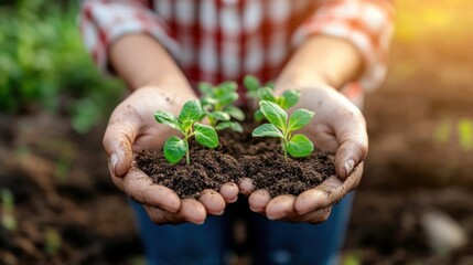 Poster - Nurturing New Life: A Gardener's Hands Holding Seedlings