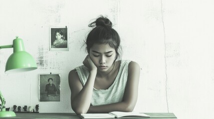 Contemplative Asian Teenage Girl Reflecting on Her Heritage at Vintage Desk in Antique Bedroom, Evening Light