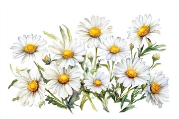 Poster - Daisies are arranged gracefully on a white backdrop, showcasing vibrant yellow centers and soft white petals in an elegant watercolor style