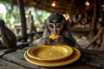 Wall Mural - A Curious Monkey Eating From a Plate in a Restaurant