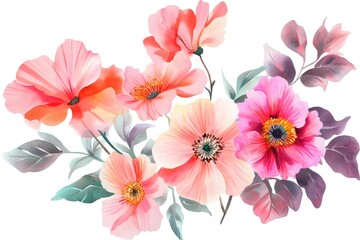 Poster - A vibrant arrangement of watercolor flowers in soft shades of pink and coral, complemented by lush green leaves, elegantly set against a white backdrop