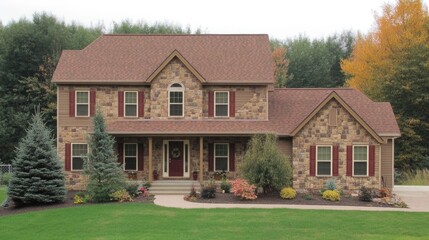 This beautiful stone house model showcases a spacious layout immersed in colorful landscaping, perfect for families seeking suburban tranquility