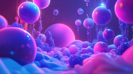 3D abstract cartoon elements with neon hues, floating in a surreal, glowing environment, with dynamic lighting effects