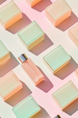Poster - Bright Pink Perfume Bottles with Shadows on Gradient Pastel Background Evoking Fresh Spring Day Mood - Clean and Simple Repetitive Graphy Pattern