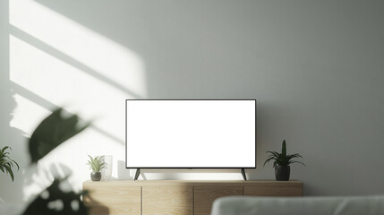 Poster - Modern TV with blank screen on wooden cabinet in bright minimalist living room with plants and soft natural light