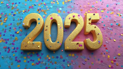 New Year 2025 Yellow gold confetti. flat color background, word art