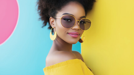 Stylish woman in yellow outfit with round sunglasses and large earrings smiling against vibrant multicolored background