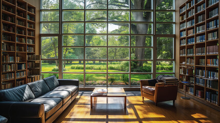 Sunlit library interior with tall bookshelves, leather seating, and a large window overlooking a lush green garden creating a serene reading environment