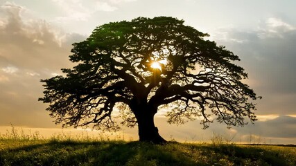 Poster - Majestic tree silhouetted against a vibrant sunset sky, branches reaching towards the heavens, golden light filtering through, nature's beauty and tranquility