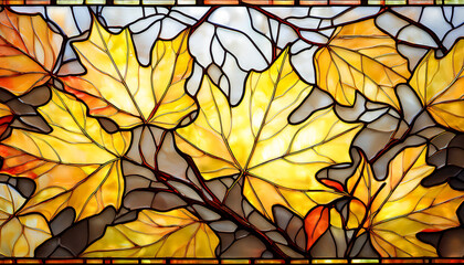 Stained glass depicting autumn yellow maple leaves on branches; flat lay