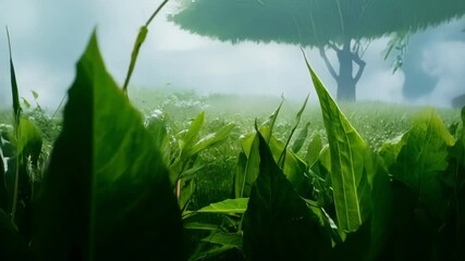 Aufkleber - Lush green leaves are towering over a field of wildflowers, creating a mysterious atmosphere in a magical fantasy forest